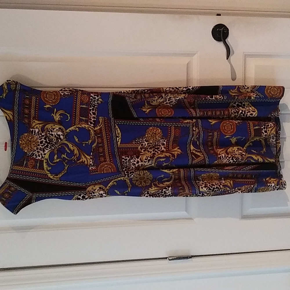EUC dress barn mock wrap dress sleeveless blue gold red black size 16 - Picture 6 of 6
